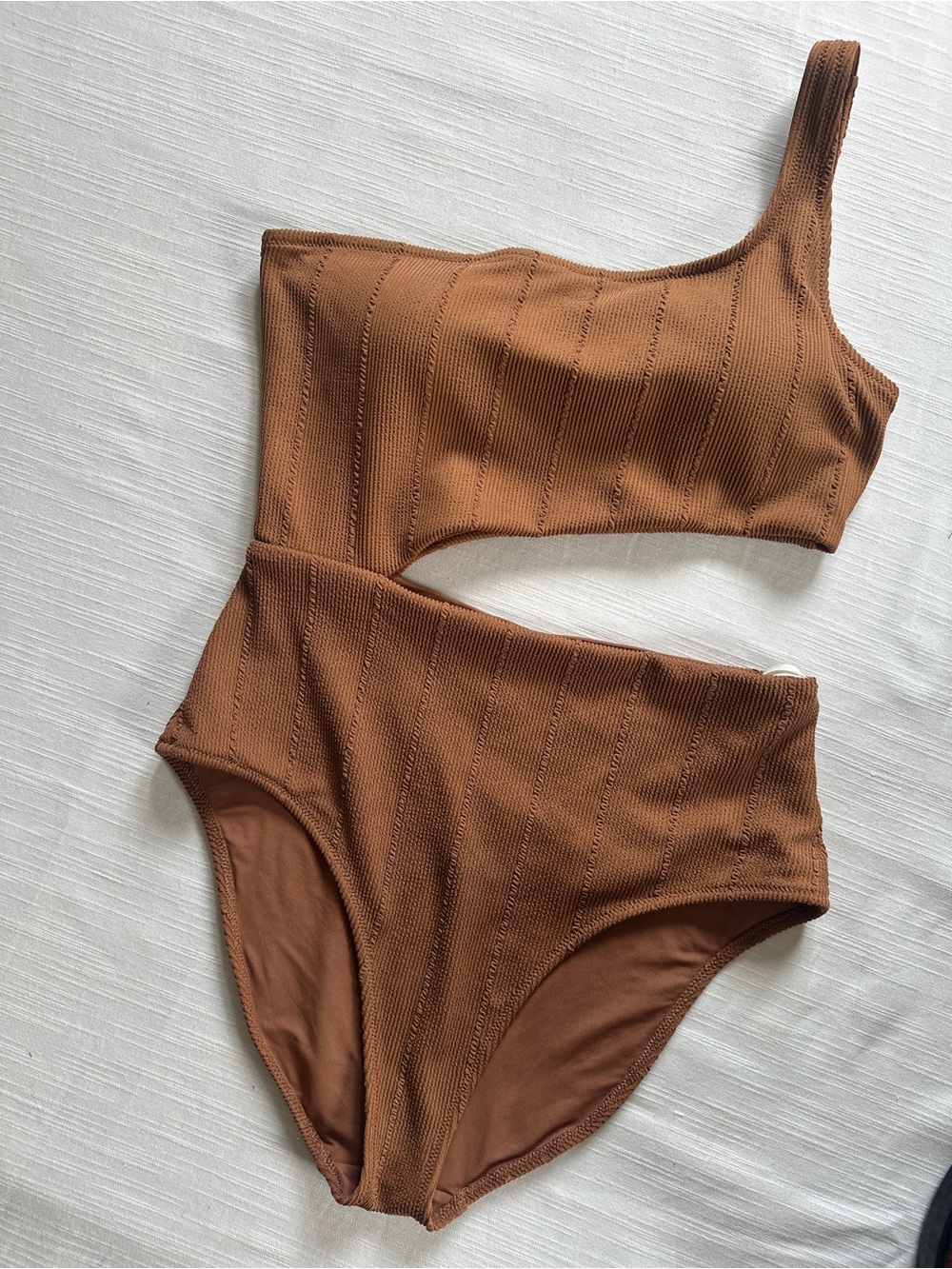 AERIE Cinnamon Crinkle One Shoulder Cut Out One Piece Swimsuit | L NWOT - Picture 2 of 12